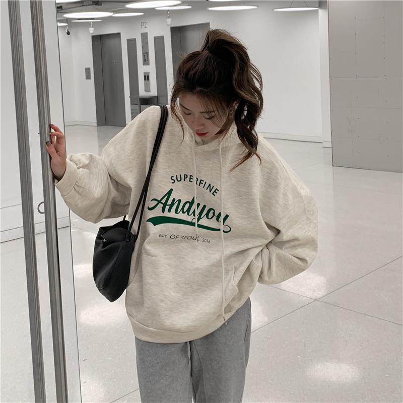 レディースルームウェア長袖ゆったりフード付きロゴパーカー