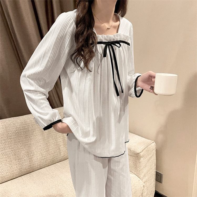 レディース ルームウェア 可愛いリボン付き長袖パジャマ上下セット