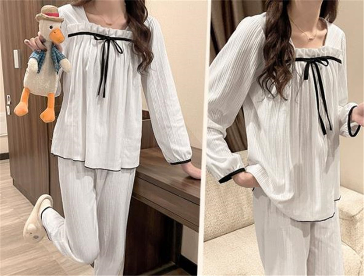 レディース ルームウェア 可愛いリボン付き長袖パジャマ上下セット