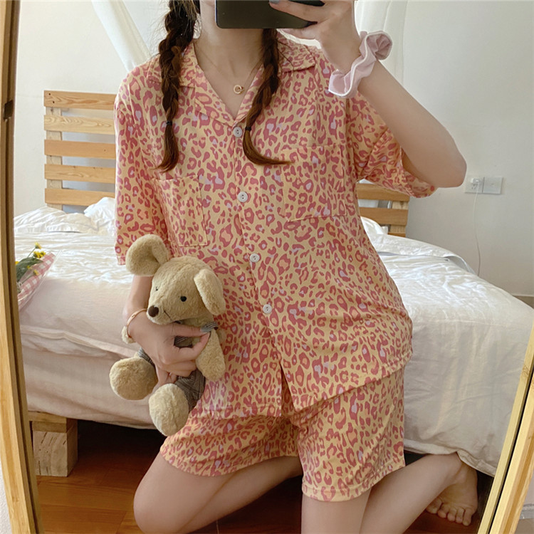 レディース ルームウェア 夏用薄手レオパード柄半袖パジャマ上下セット