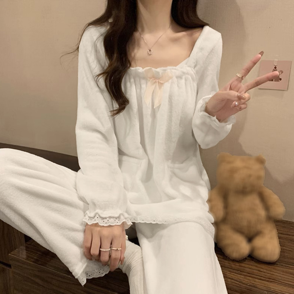 レディース ルームウェア 白いレース付き長袖パジャマ 韓国風ルームウェア