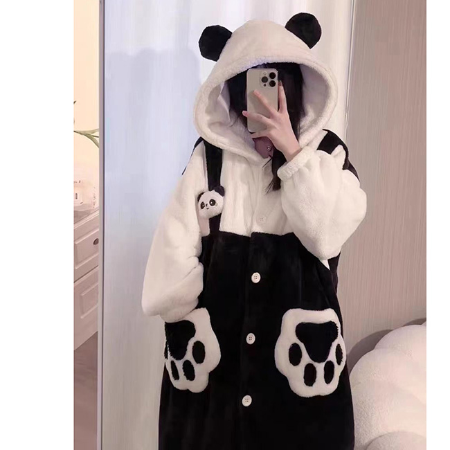 レディースルームウェア前開きパンダ着ぐるみ着る毛布