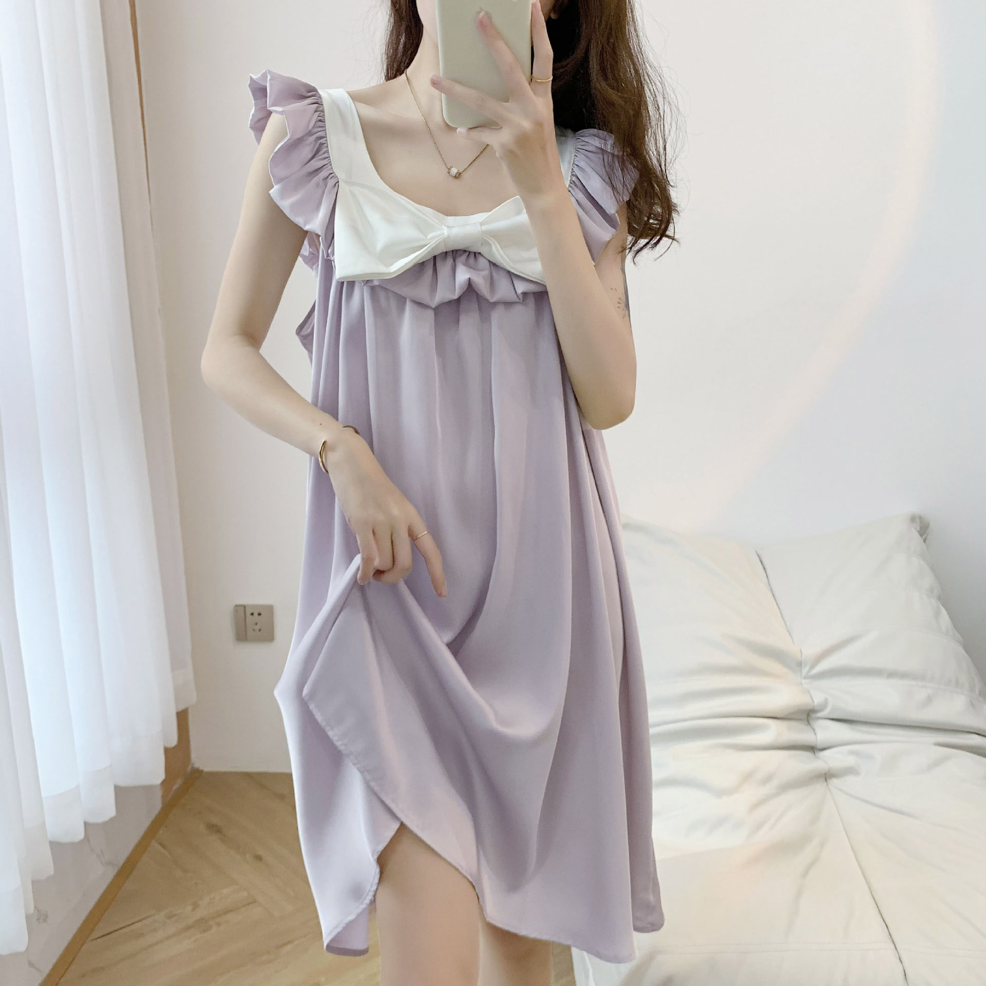 レディース ルームウェア 冷感素材ルームワンピース 大きなリボン付き部屋着