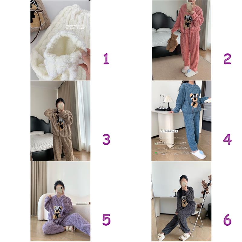 レディース ルームウェア もこもこ暖かパジャマ上下セット くま刺繍付き