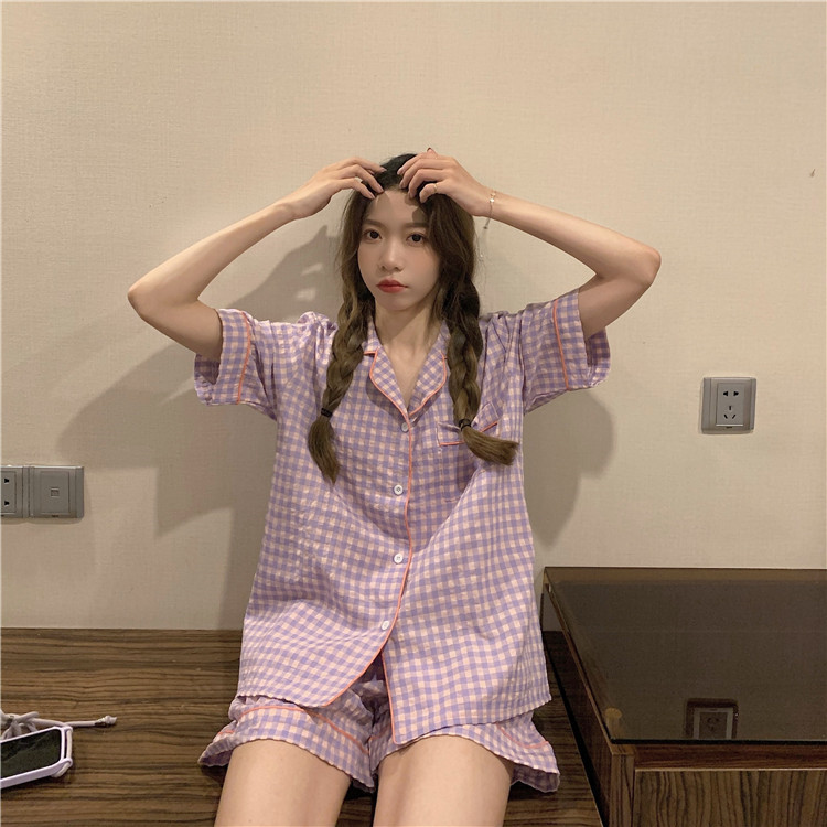 レディース ルームウェア 可愛い格子縞パジャマセット夏用半袖前開きルームウェア