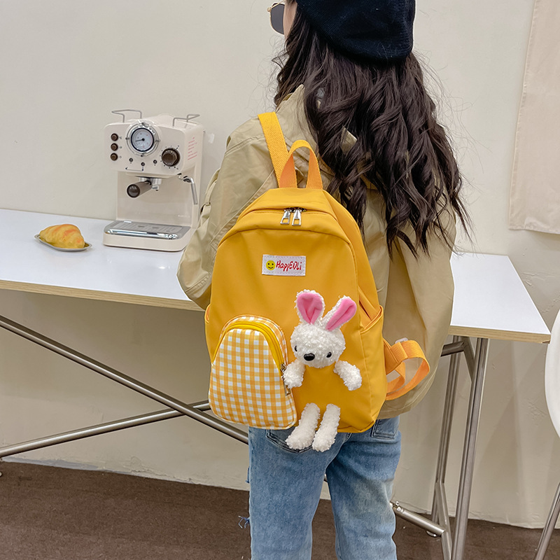 子どもリュック普段使いうさぎマスコット付きチェック柄ポケット