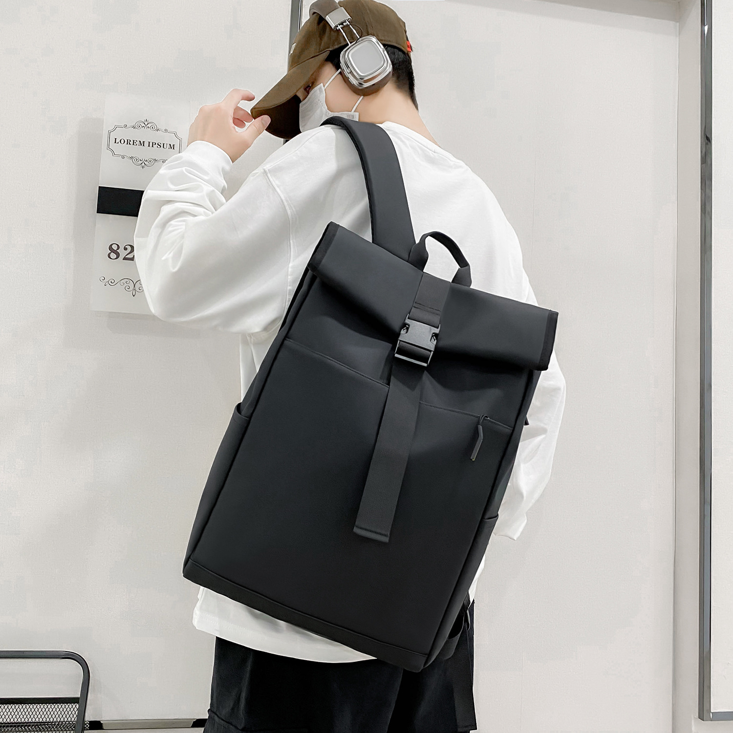 メンズリュック モダンロールトップ防水ナイロンリュック
