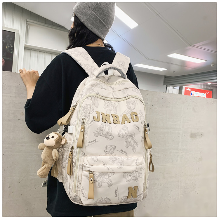 リュックサック くまプリント刺繍ロゴ付き大容量通学リュックサック