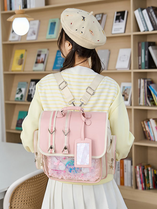 リュックサック 可愛い刺繍入り透明ポケット付き2way学生用リュックサック