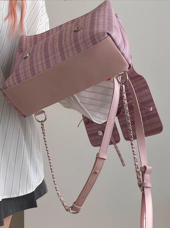 レディースリュック 女子学生向け可愛いピンク格子柄リュック普段使い蝶結び