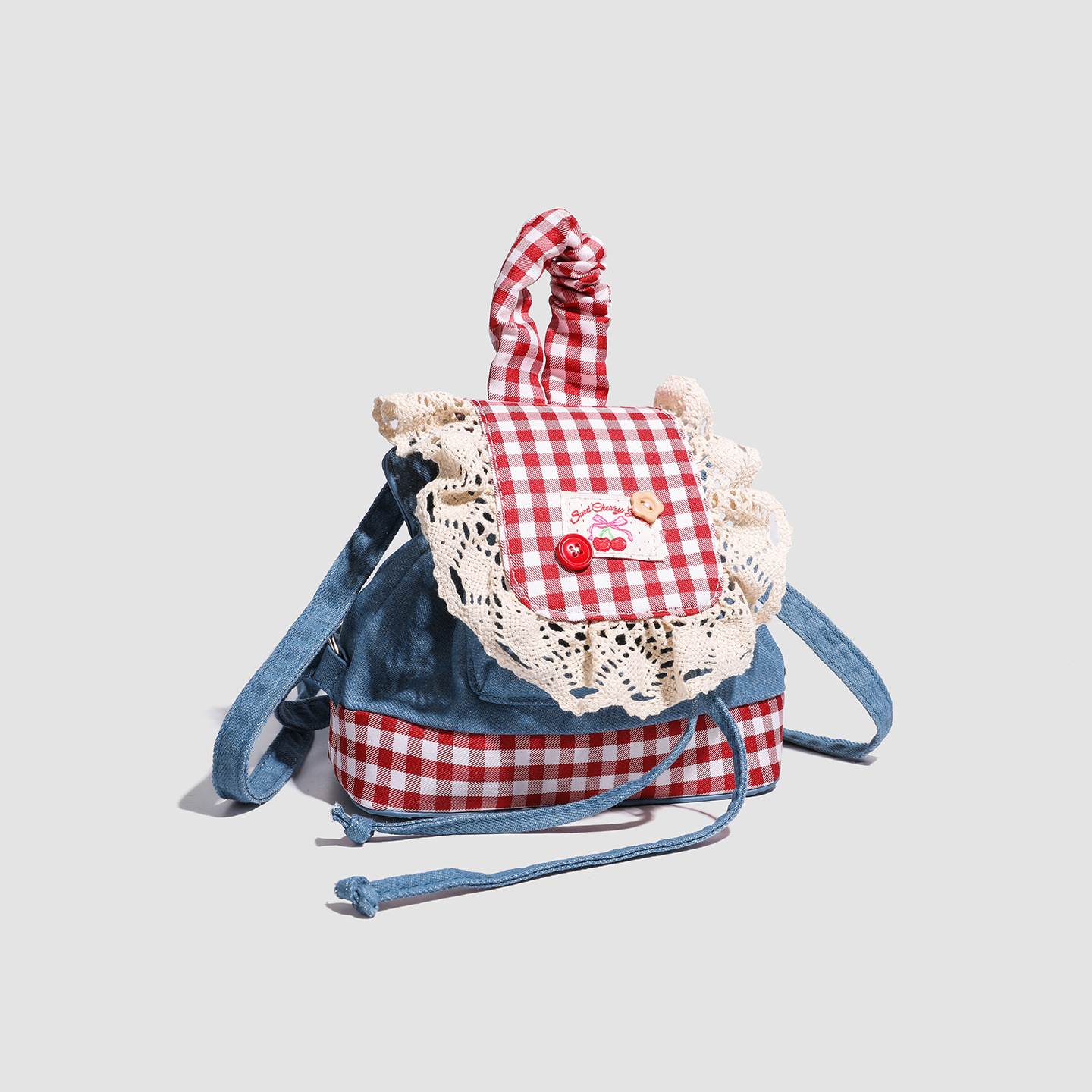 レディースリュック 普段使いに最適  ギンガムチェック  かわいいレース装飾