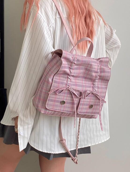 レディースリュック 女子学生向け可愛いピンク格子柄リュック普段使い蝶結び