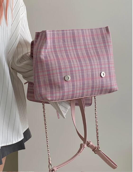 レディースリュック 女子学生向け可愛いピンク格子柄リュック普段使い蝶結び