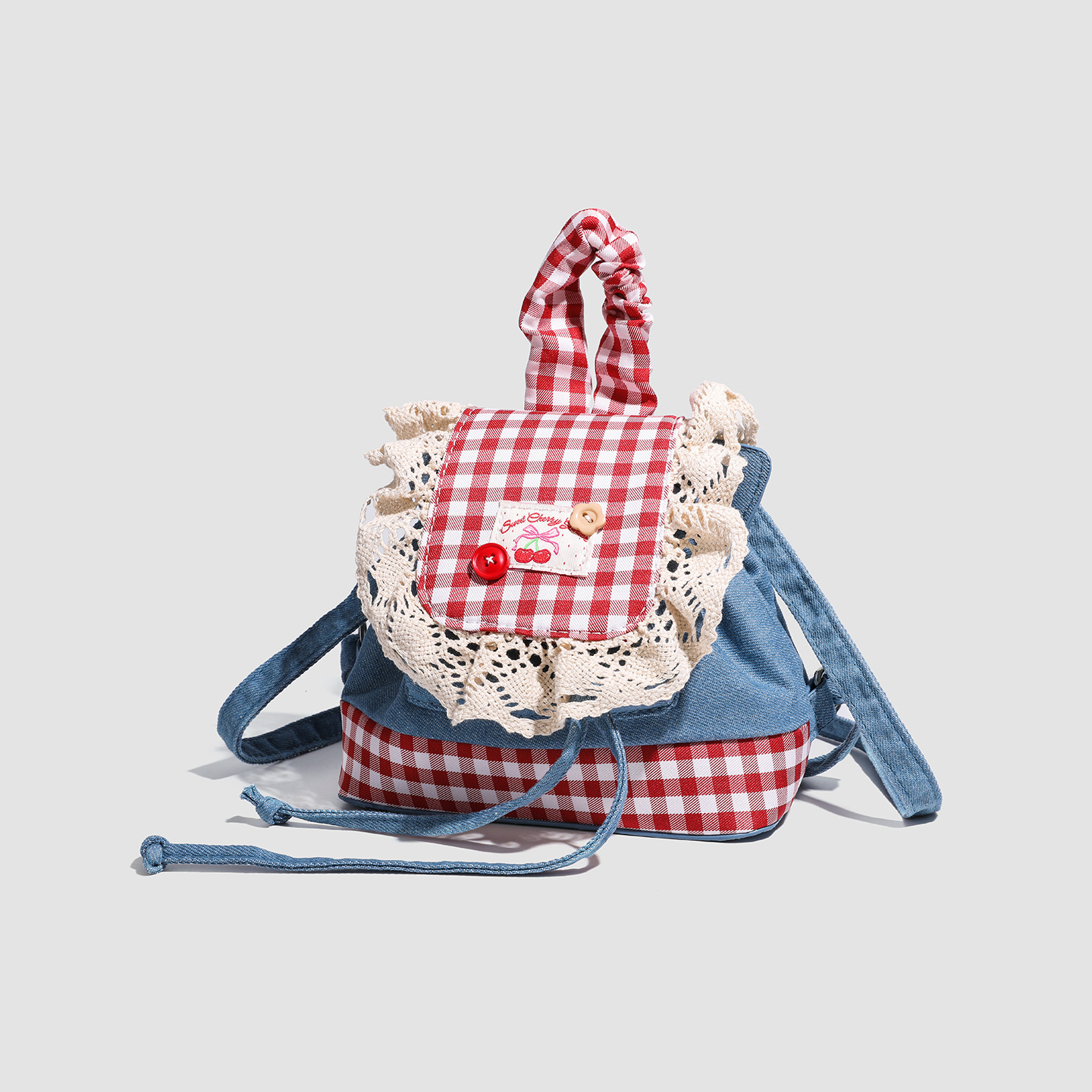 レディースリュック 普段使いに最適  ギンガムチェック  かわいいレース装飾