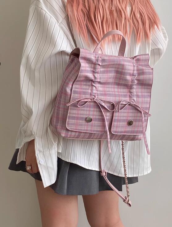 レディースリュック 女子学生向け可愛いピンク格子柄リュック普段使い蝶結び
