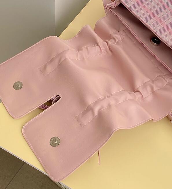 レディースリュック 女子学生向け可愛いピンク格子柄リュック普段使い蝶結び