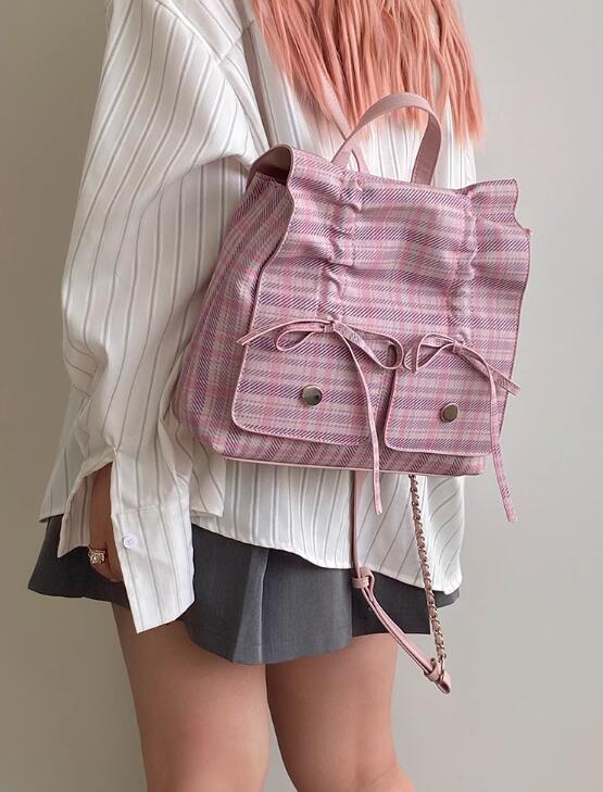 レディースリュック 女子学生向け可愛いピンク格子柄リュック普段使い蝶結び