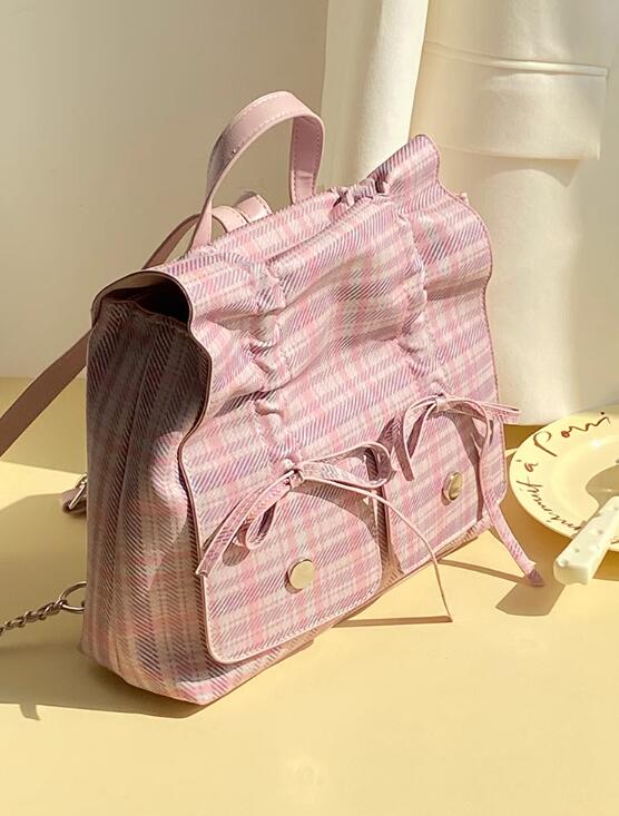 レディースリュック 女子学生向け可愛いピンク格子柄リュック普段使い蝶結び