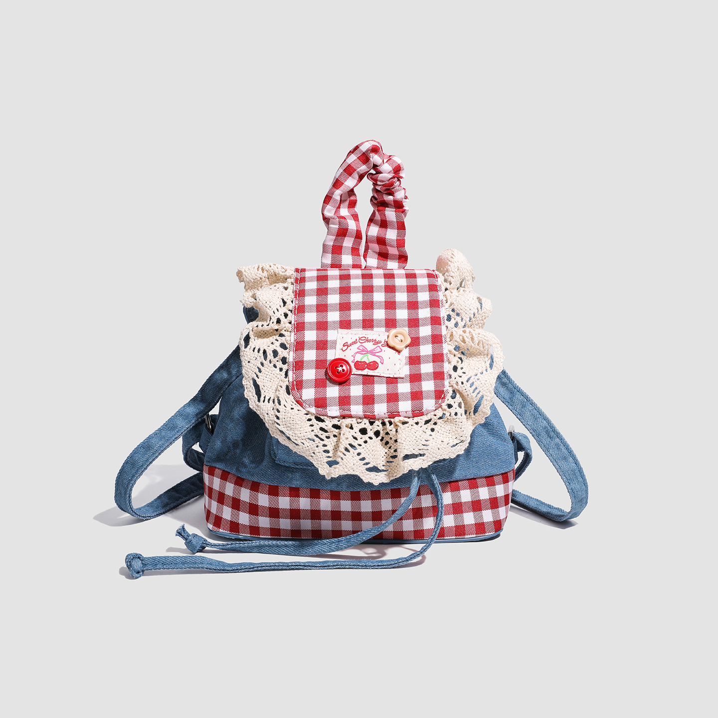 レディースリュック 普段使いに最適  ギンガムチェック  かわいいレース装飾