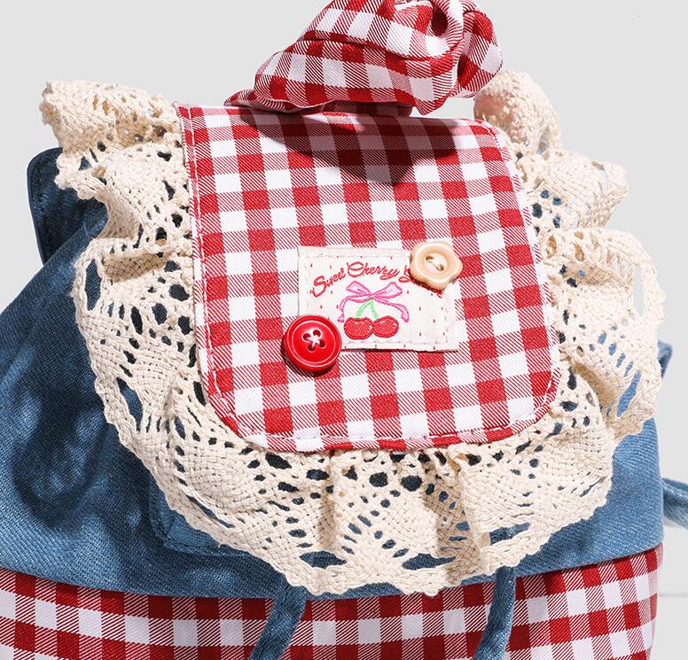 レディースリュック 普段使いに最適  ギンガムチェック  かわいいレース装飾