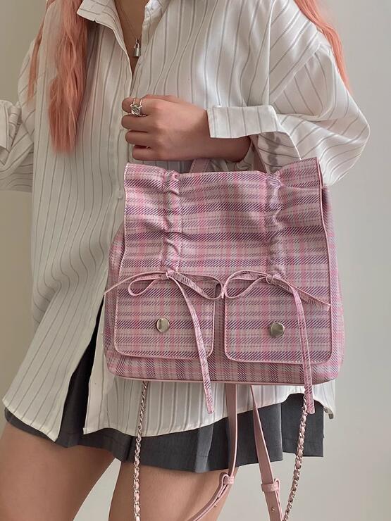 レディースリュック 女子学生向け可愛いピンク格子柄リュック普段使い蝶結び