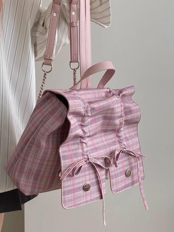 レディースリュック 女子学生向け可愛いピンク格子柄リュック普段使い蝶結び