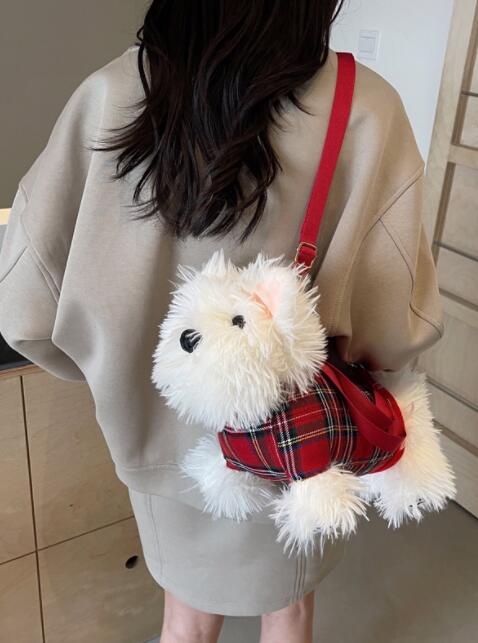 サコッシュ ナイロン製白い犬ぬいぐるみショルダーバッグ斜めがけ