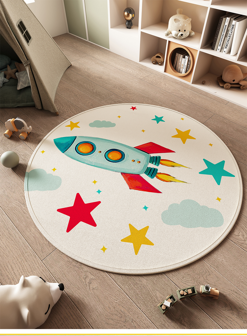 絨毯 宇宙探検キッズ丸型ラグ