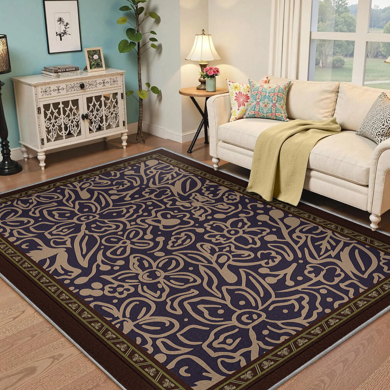 絨毯 優雅な唐草模様の装飾的　リビングラグ