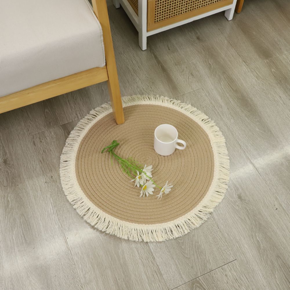 絨毯 二重フリンジ付き天然素材　円形ラグ