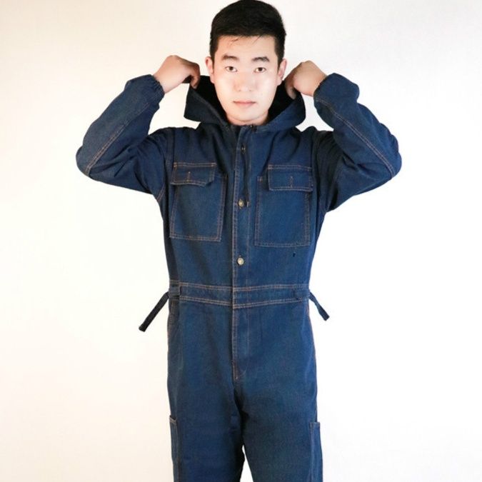 作業着 多機能頭巾付きデニム風作業用ツナギ