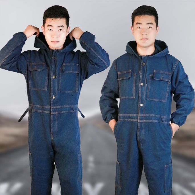 作業着 多機能頭巾付きデニム風作業用ツナギ