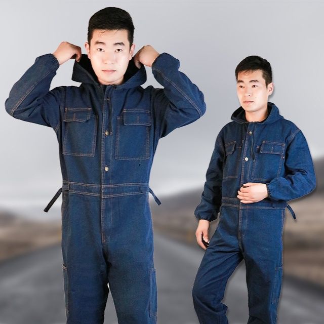 作業着 多機能頭巾付きデニム風作業用ツナギ