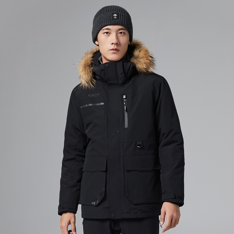 作業着 多機能ポケット付きファー付きフード防寒作業着