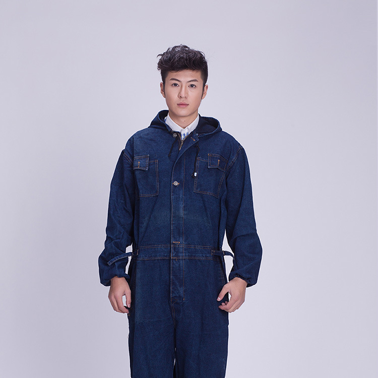 作業着 多機能ポケット付きフード一体型デニム風ツナギ