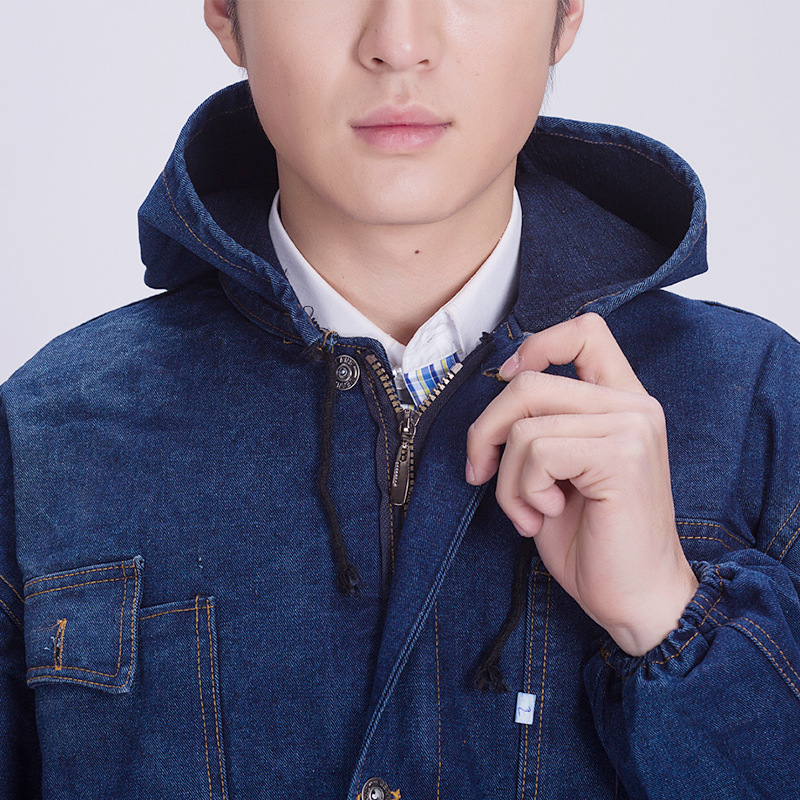 作業着 多機能ポケット付きフード一体型デニム風ツナギ