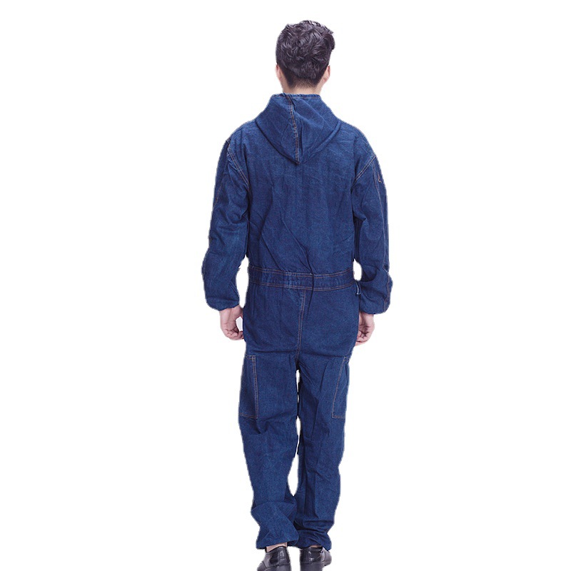 作業着 多機能ポケット付きフード一体型デニム風ツナギ