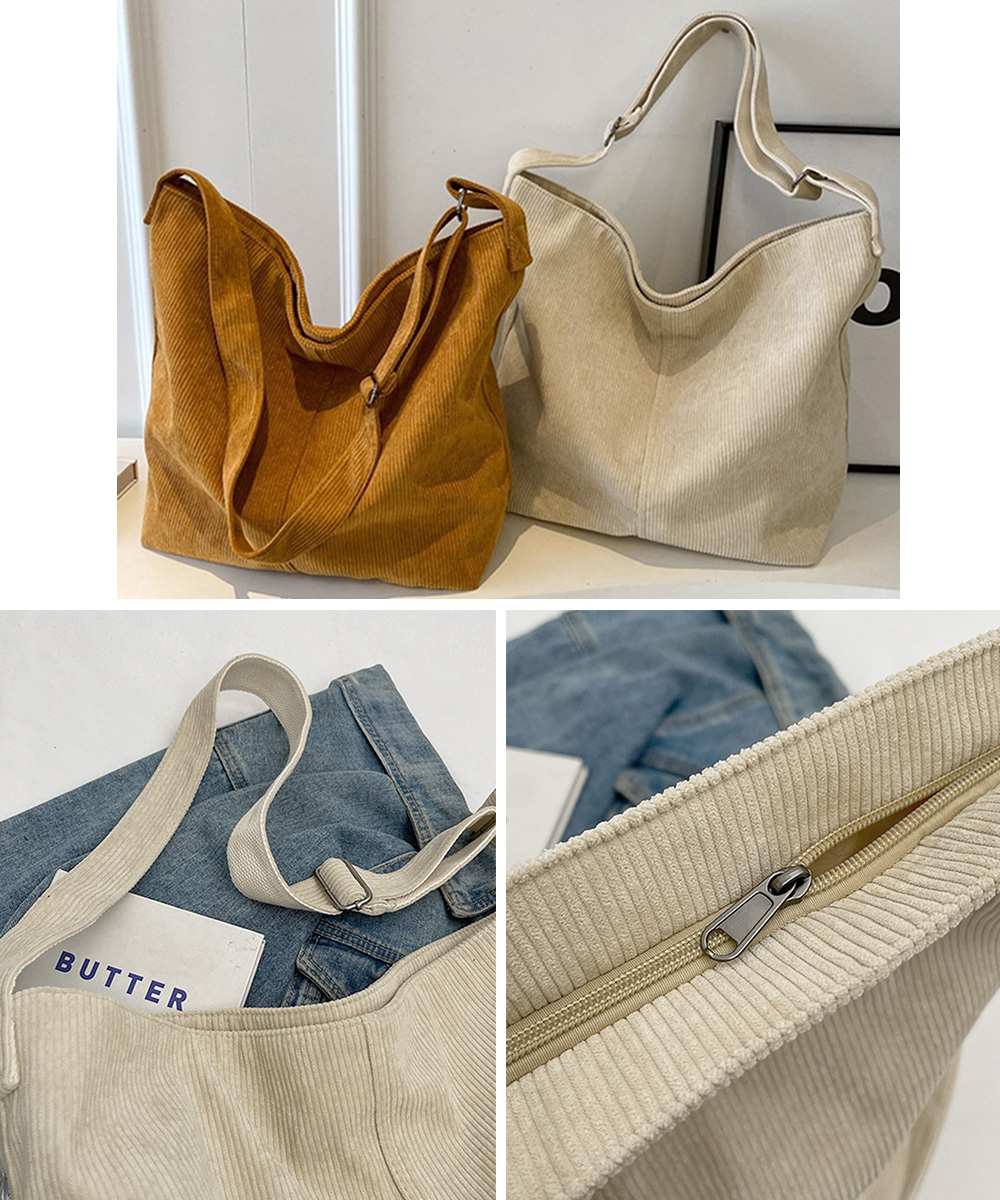ベージュコーデ 大容量コーデュロイ肩掛け鞄韓国風小物