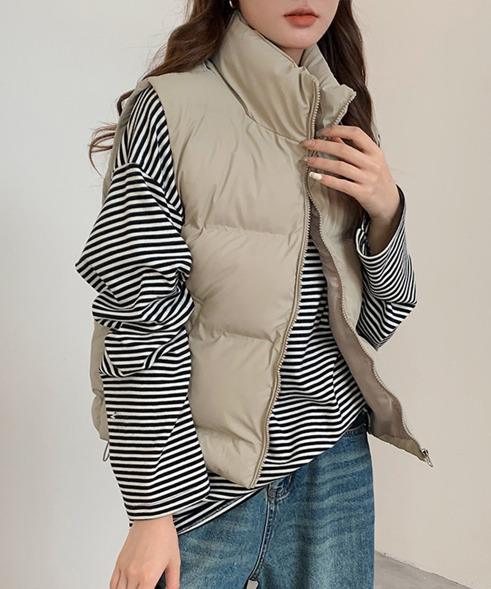 ベージュコーデ 中綿入り立ち襟ベスト アウター ジップアップ