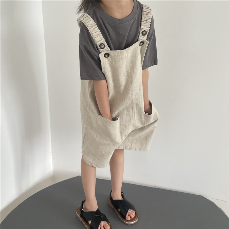 ベージュコーデ キッズ 夏用 綿麻サロペット ベージュ ハーフパンツ 男女兼用