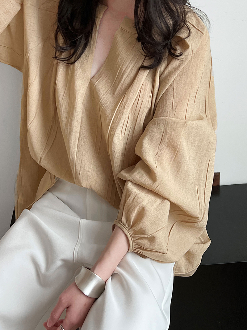 ベージュコーデ リネン混 Vネック ゆったりトップス 春夏新作