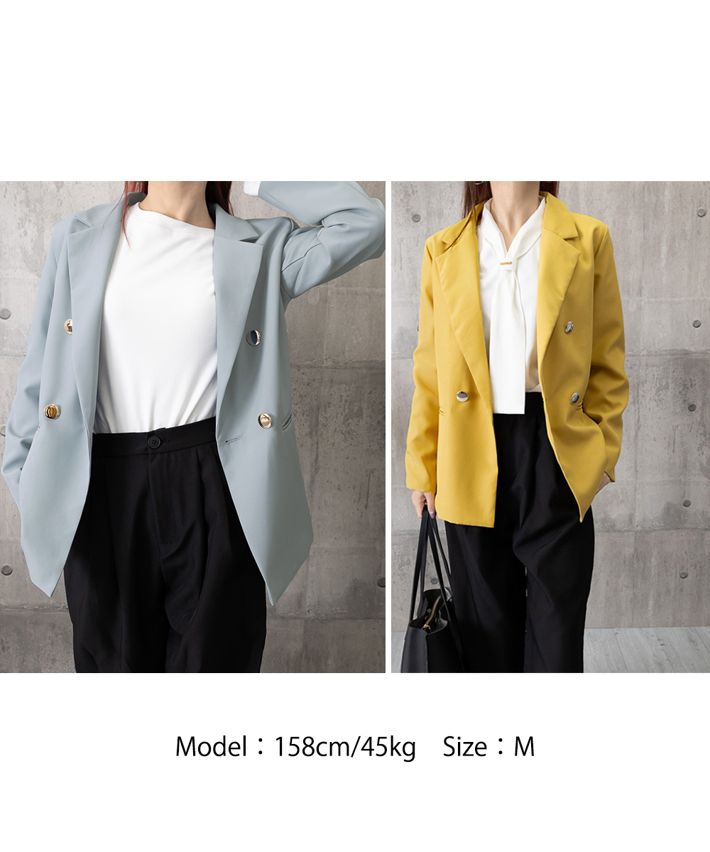 ベージュコーデ 二重ボタン仕立ての上品ジャケット中丈