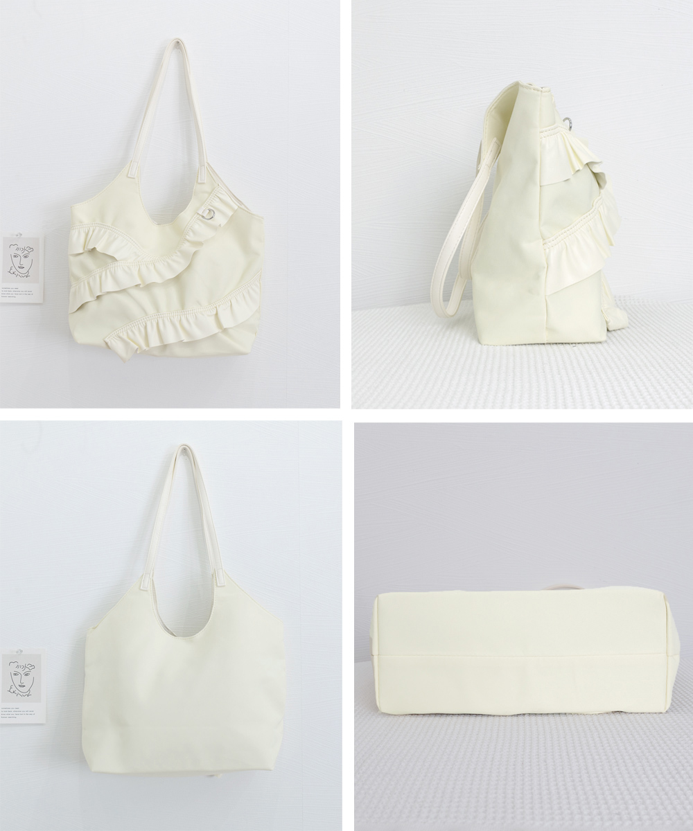 ベージュコーデ 大容量フリル合皮トートバッグ小物肩掛け