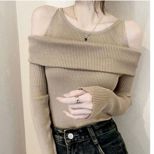 ベージュコーデ 肩開きリブニット トップス ベージュ