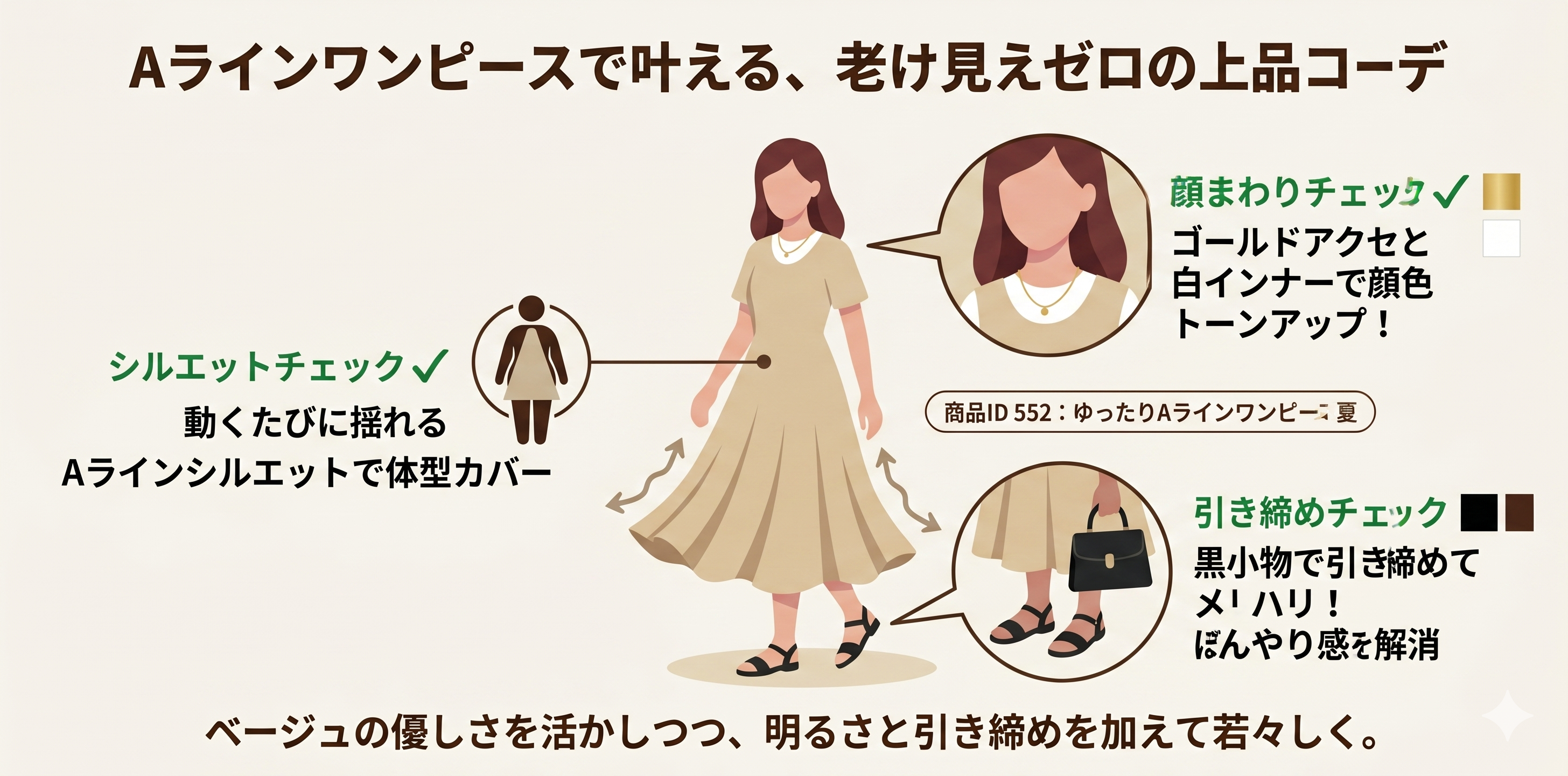 Aラインワンピース上品コーデ図解