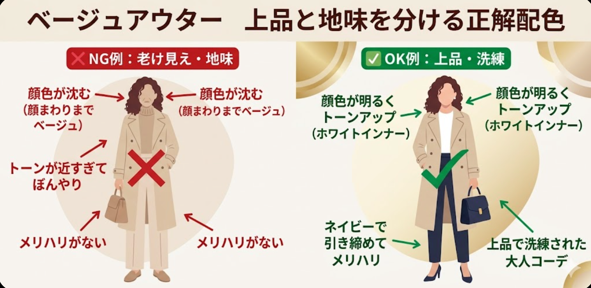 ベージュアウター上品と地味の境界線比較図