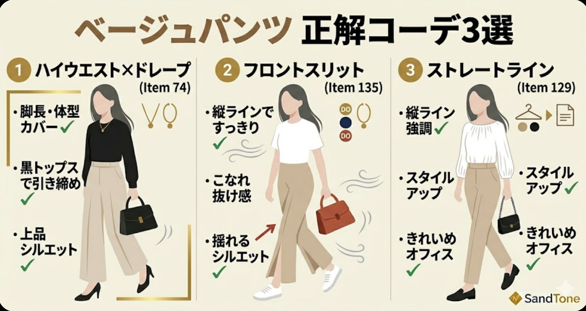 ベージュパンツ 正解コーデ3選 商品実例コーデ図解