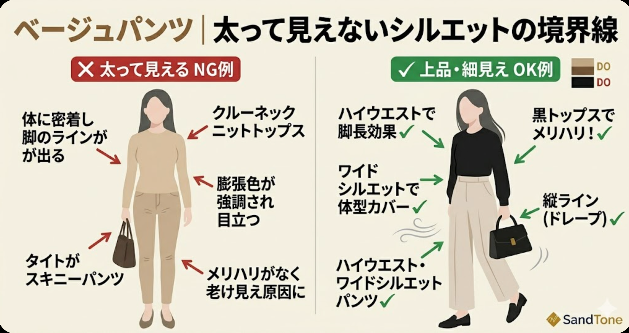 ベージュパンツ｜「太って見える」を防ぐシルエットの境界線 シルエット比較図