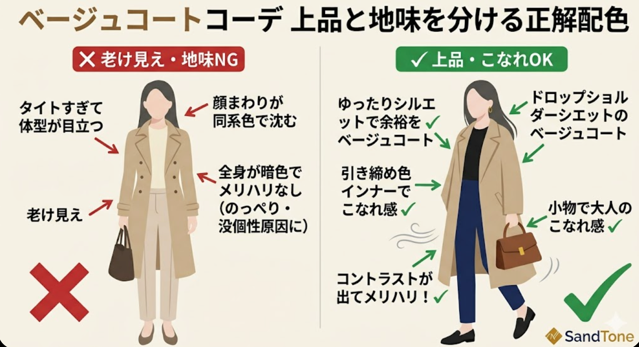 ベージュコートコーデ 上品と地味の境界線 シルエット比較図