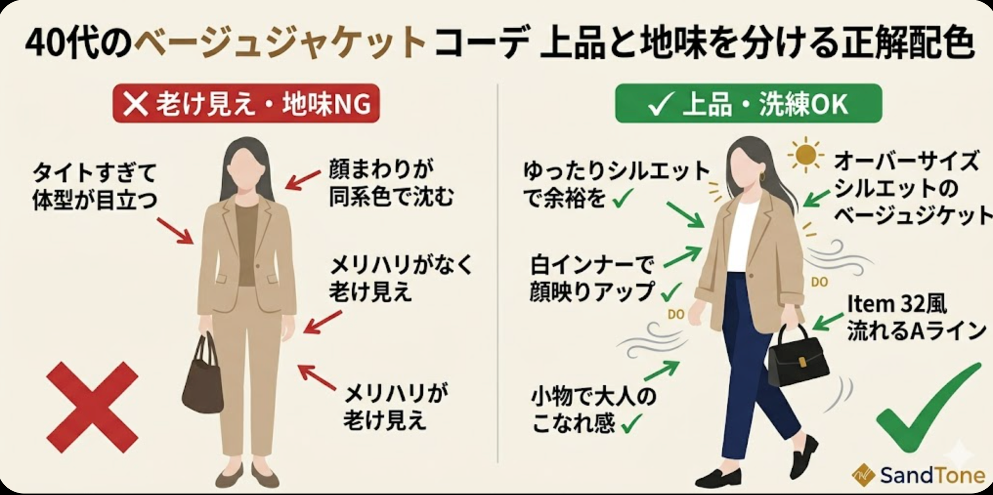 40代ベージュジャケット老け見えNGvsOK比較図